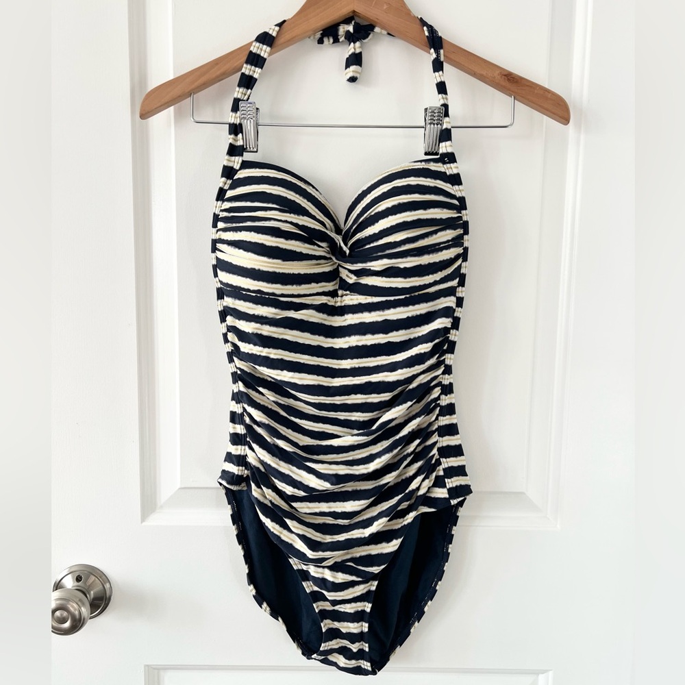 NipTuck Swim Multi Cup Fit Ruched Blue/White/Gold Striped Halter One Piece Swim